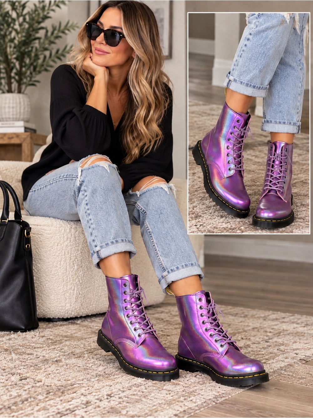 Dr. Martens Vegan 1460 Pascal
Iridescent Ankle Boots in Metallic
Purple Size 11
